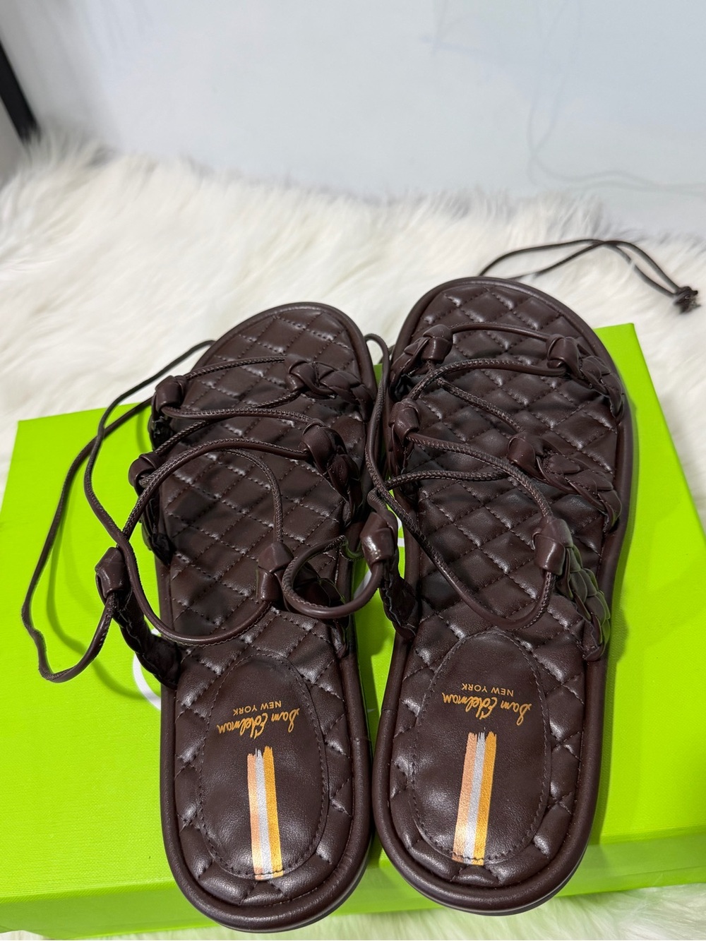 NWB Sam Edelman Braided Strap Quilted Flat Sandals in Dark Brown 9.5